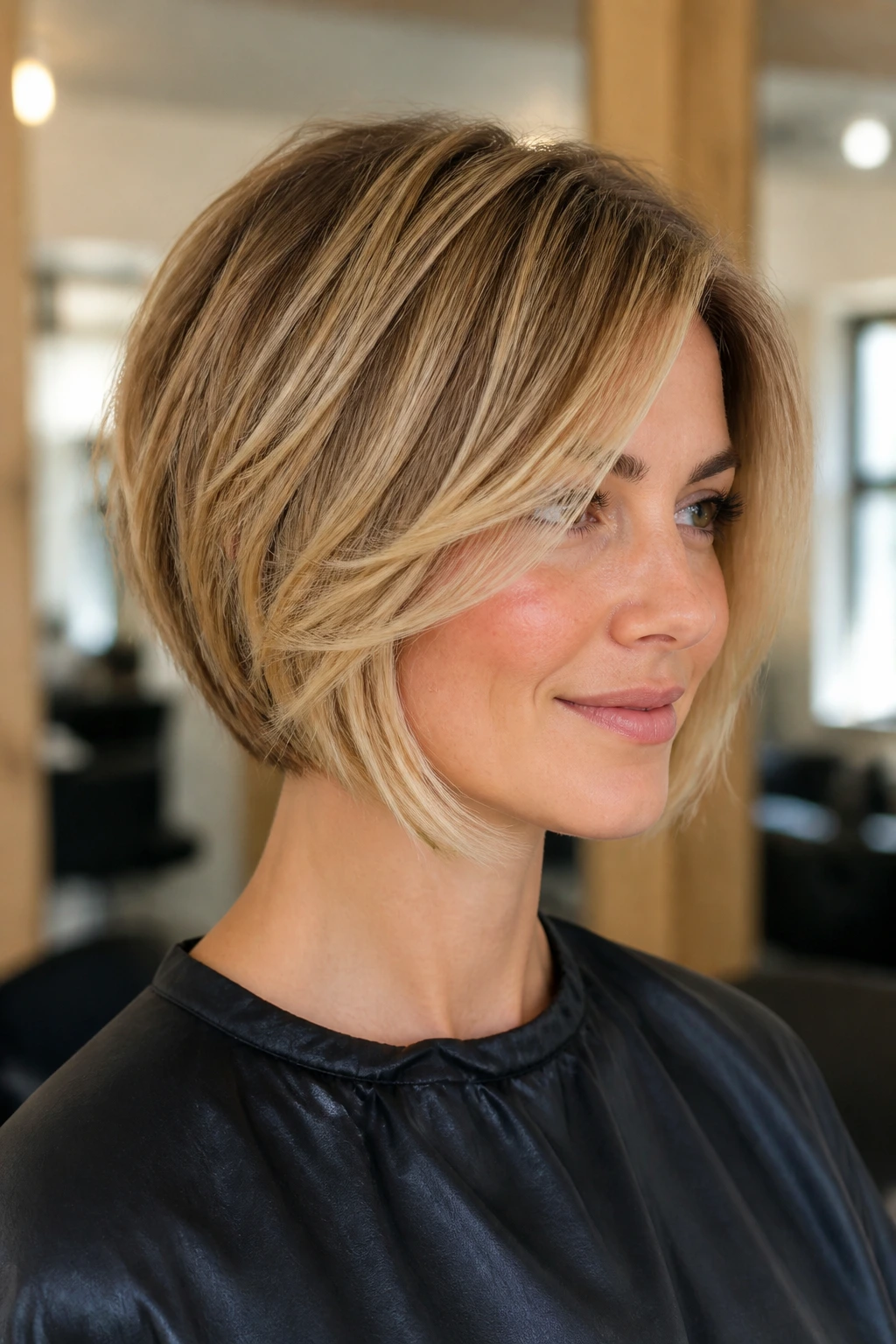 Close-up portrait of a real woman with a stacked bob and side-swept layers.