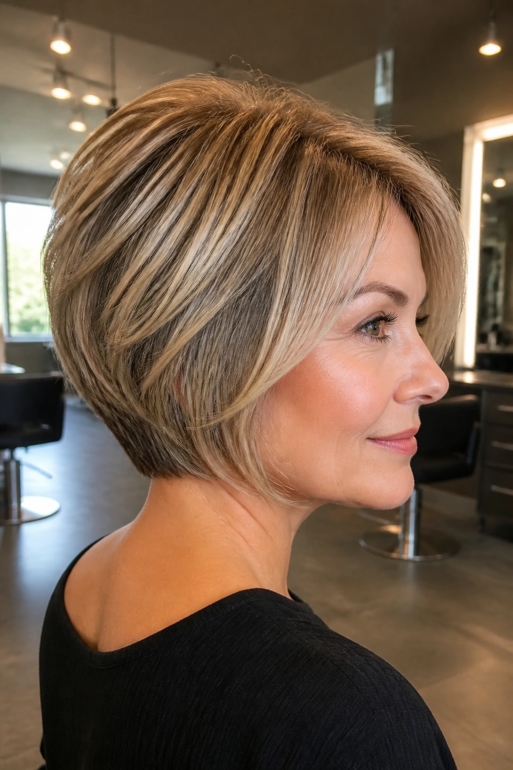 Close-up of a woman with a stacked bob showing back layers