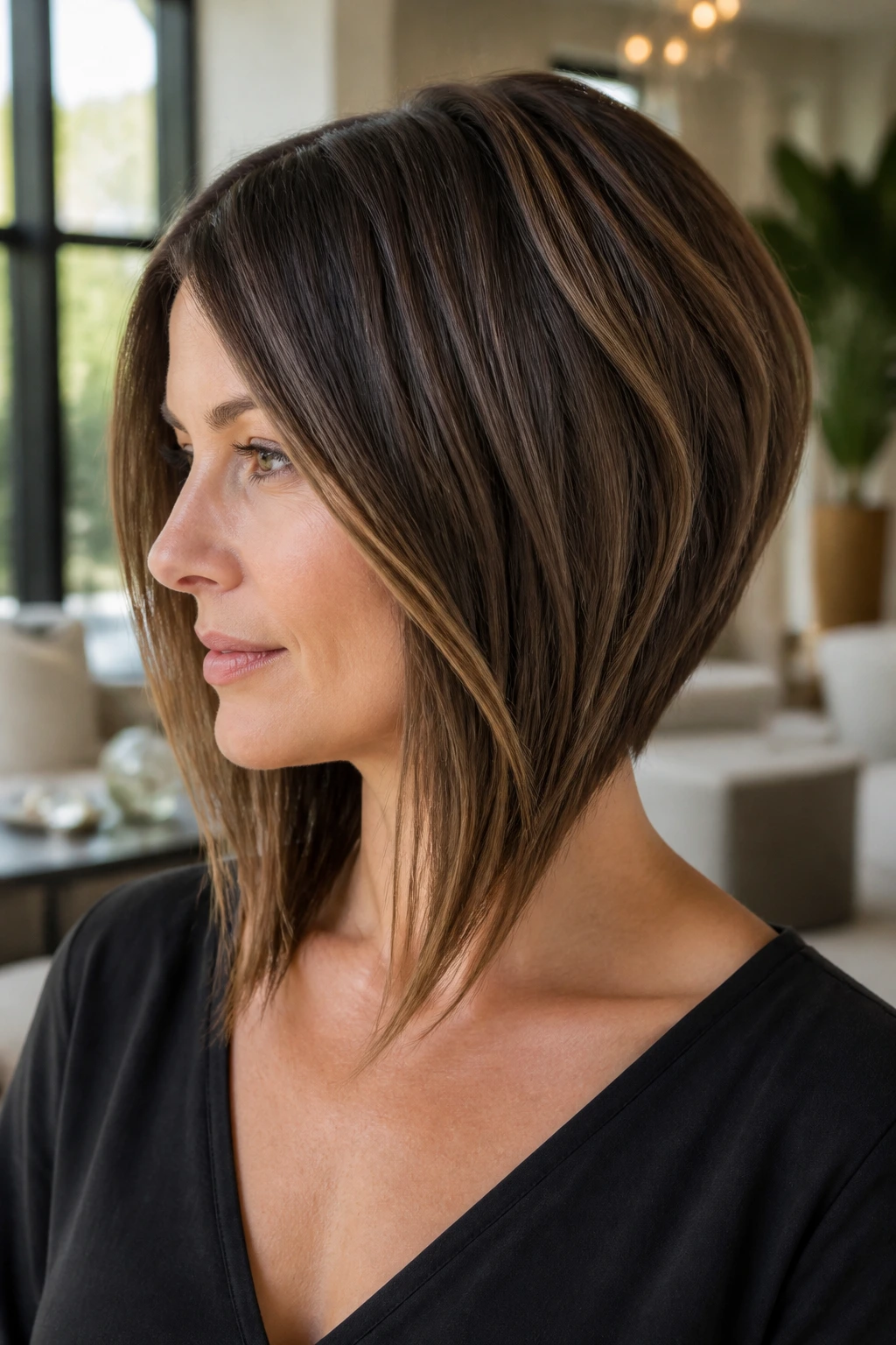 Close-up of a real woman with a stacked bob and longer front sections