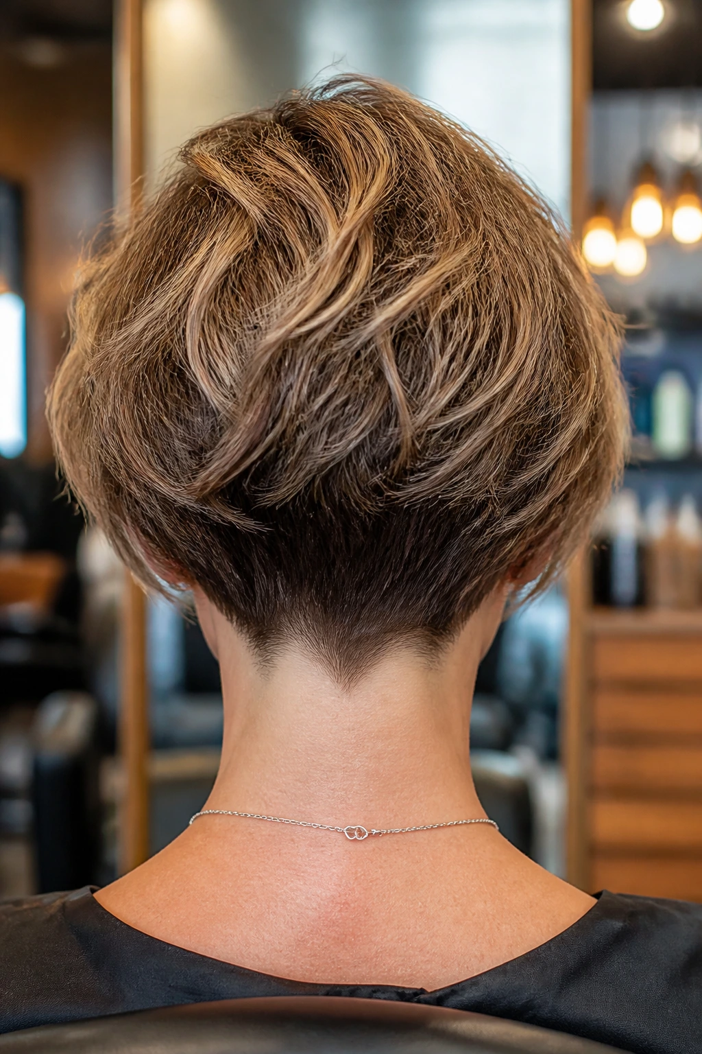 Back view of a real woman with a stacked bob exposing the nape and short layers.