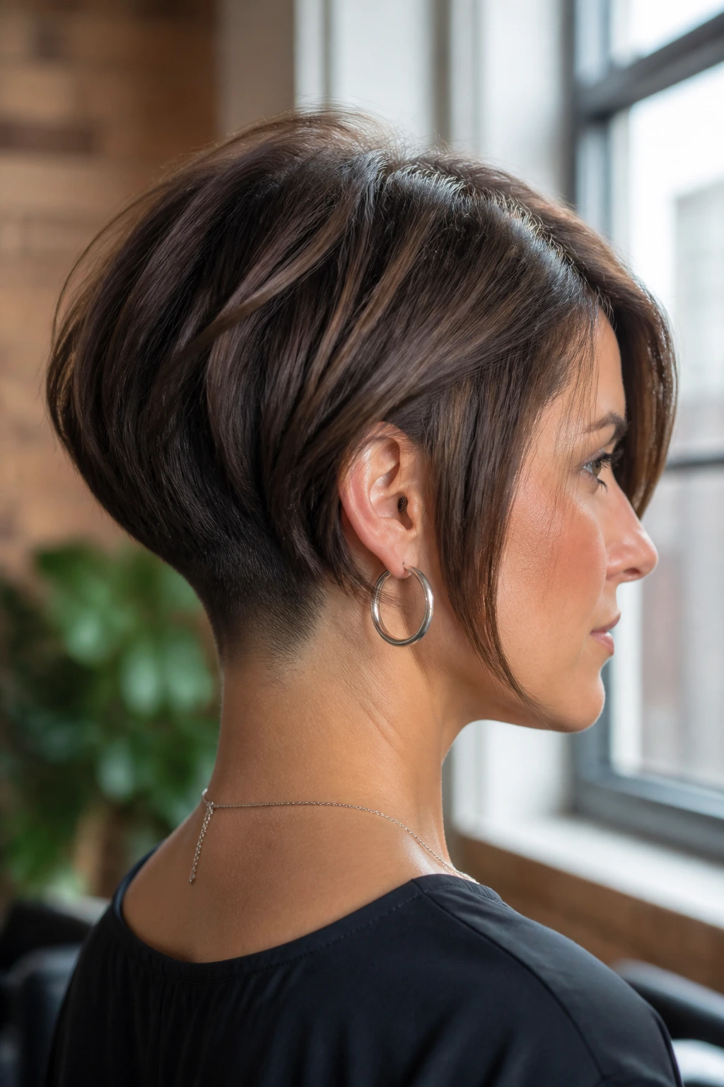 Close-up portrait of a real woman with stacked bob and nape undercut.