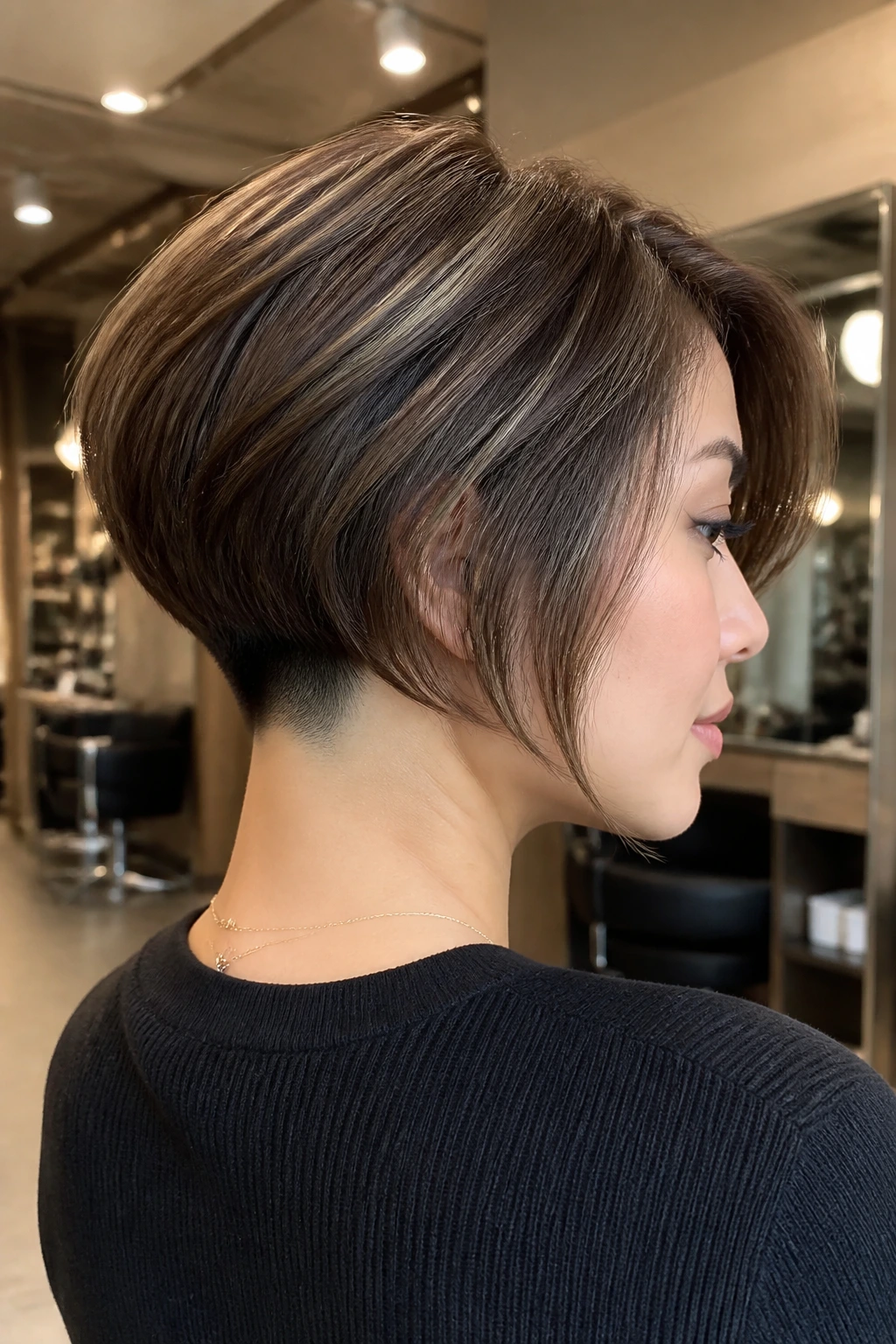 Three-quarter profile of a woman with stacked back layers and nape undercut