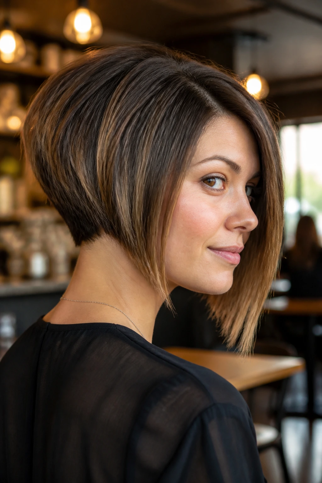 Portrait of a woman with stacked back asymmetrical bob and volume