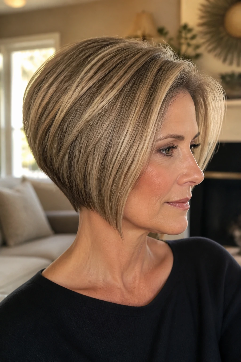 Close-up portrait of a real woman with a stacked A-line bob showing volume at the crown.