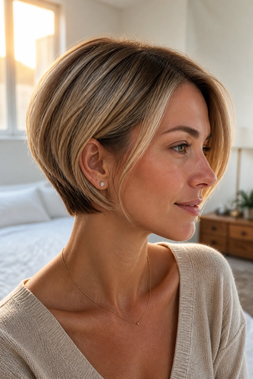 Close-up portrait of a real woman with stacked bob showing back layers and crown lift