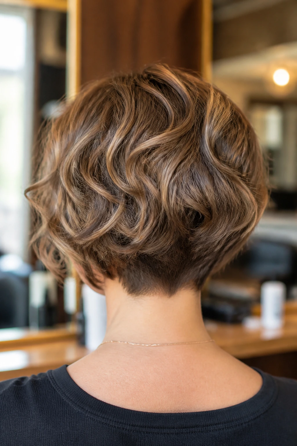 Back view of a real woman with stacked graduated bob, short nape and layered waves in a salon.