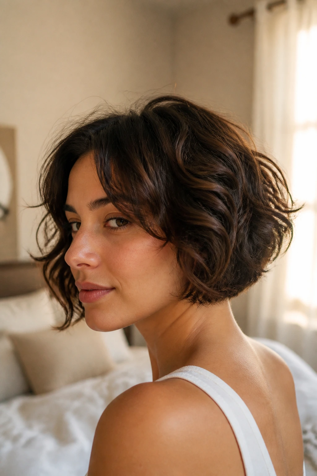 Close-up portrait of a real woman with a stacked inverted bob showing short nape and longer front in natural window light