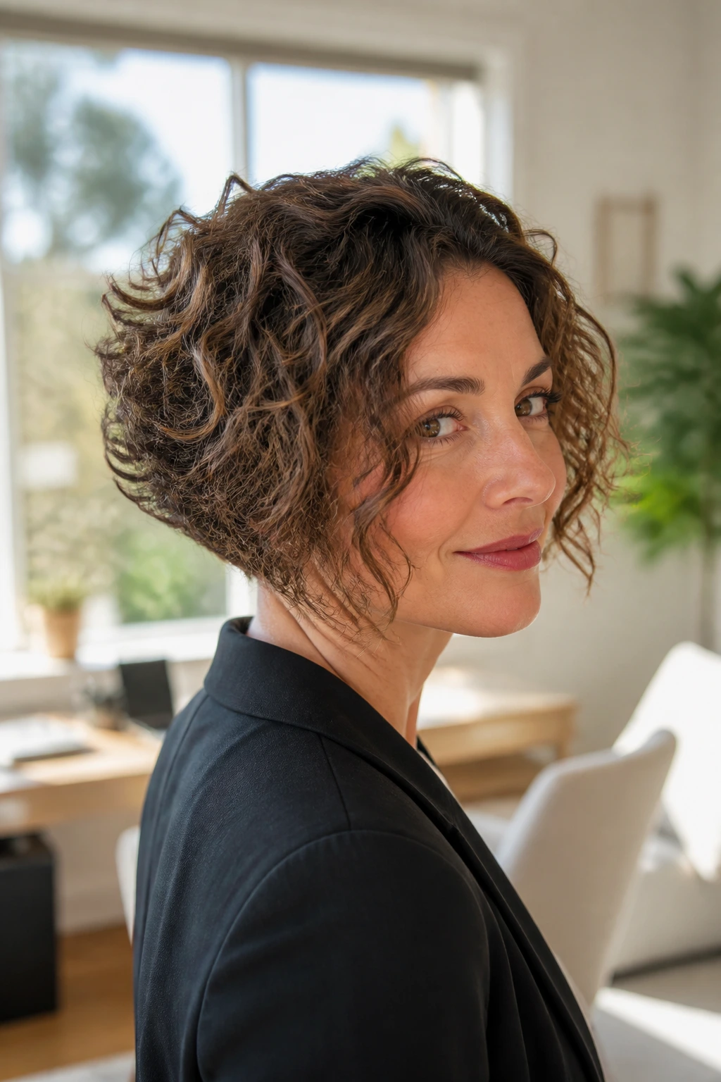Close-up of a real woman with stacked bob-wedge hairstyle showing back stacking and jaw-framing curls