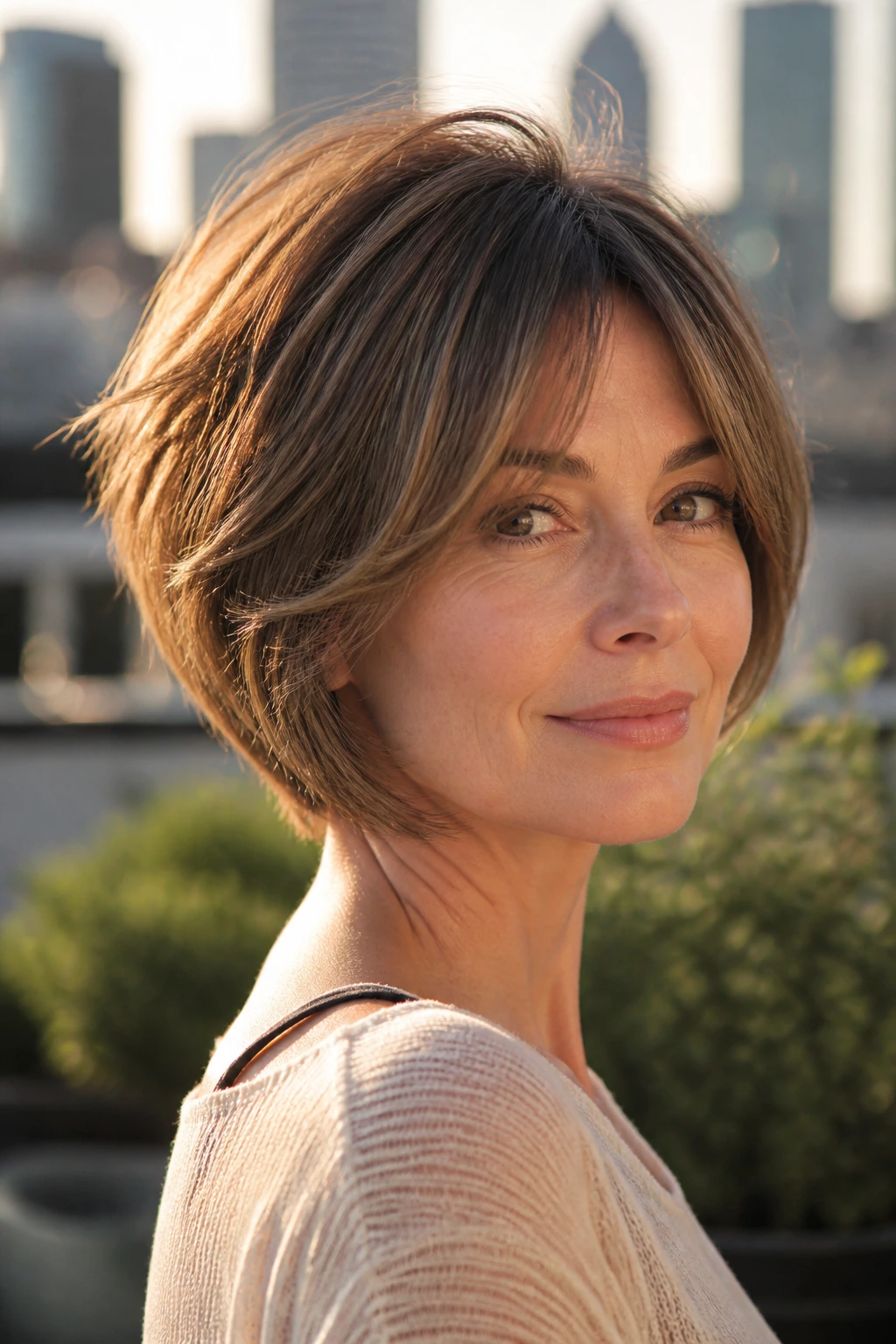 Close-up portrait of a woman with a stacked bob and wispy curtain bangs on a sunlit rooftop