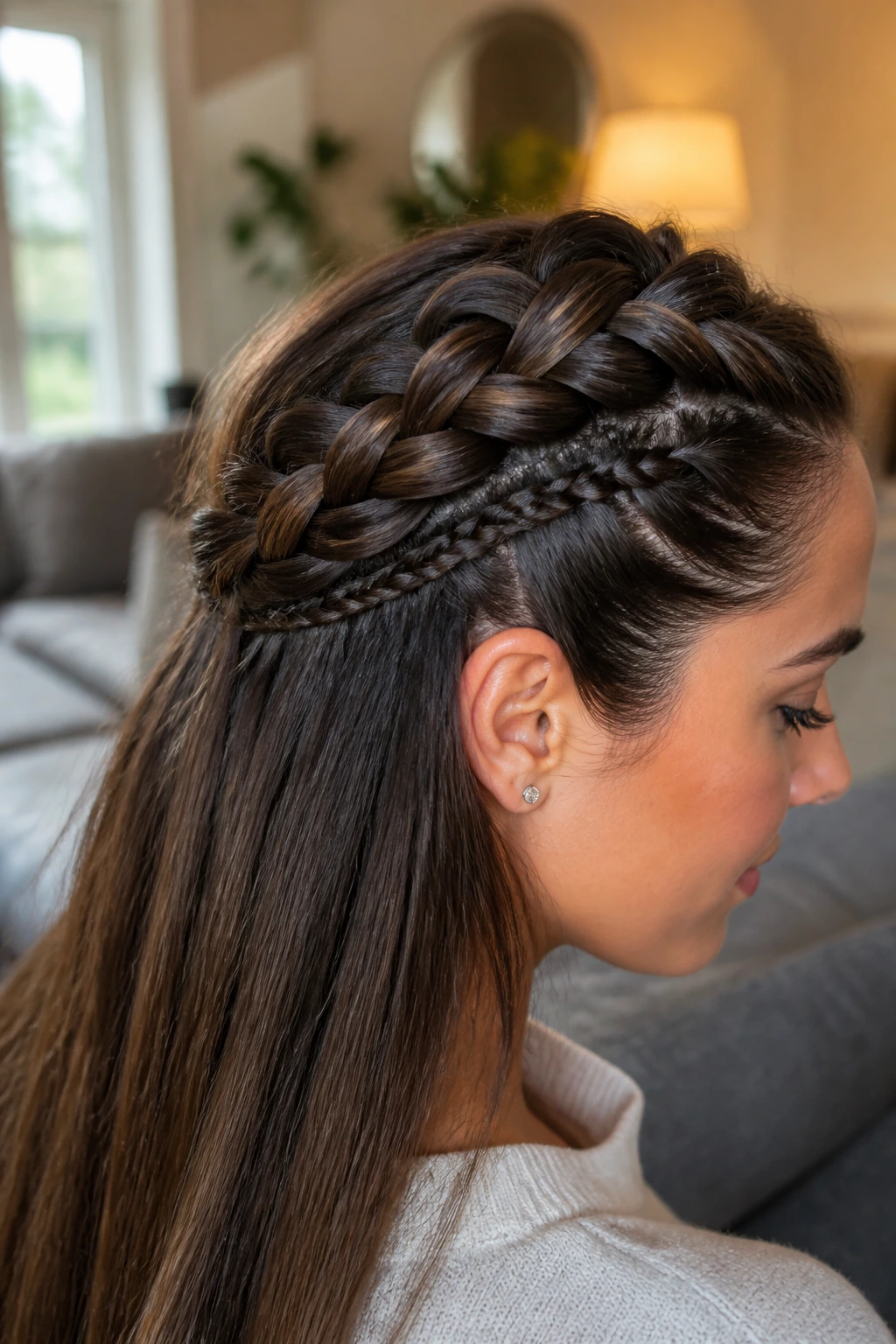Close-up of a real person's head showing layered braids: bottom French braid and top Dutch braid on long straight hair