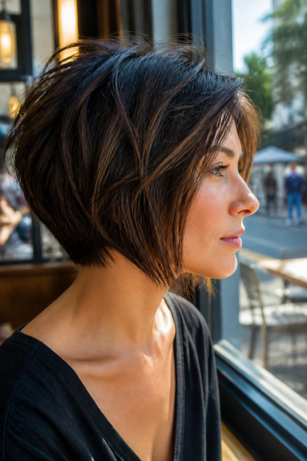 Close-up portrait of a real woman with a stacked choppy bob in cafe light