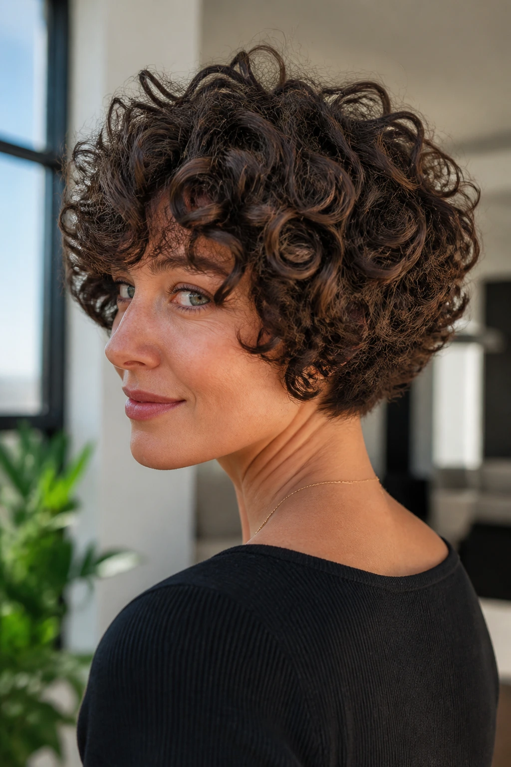 Portrait of real woman with stacked curly bob showing back stack