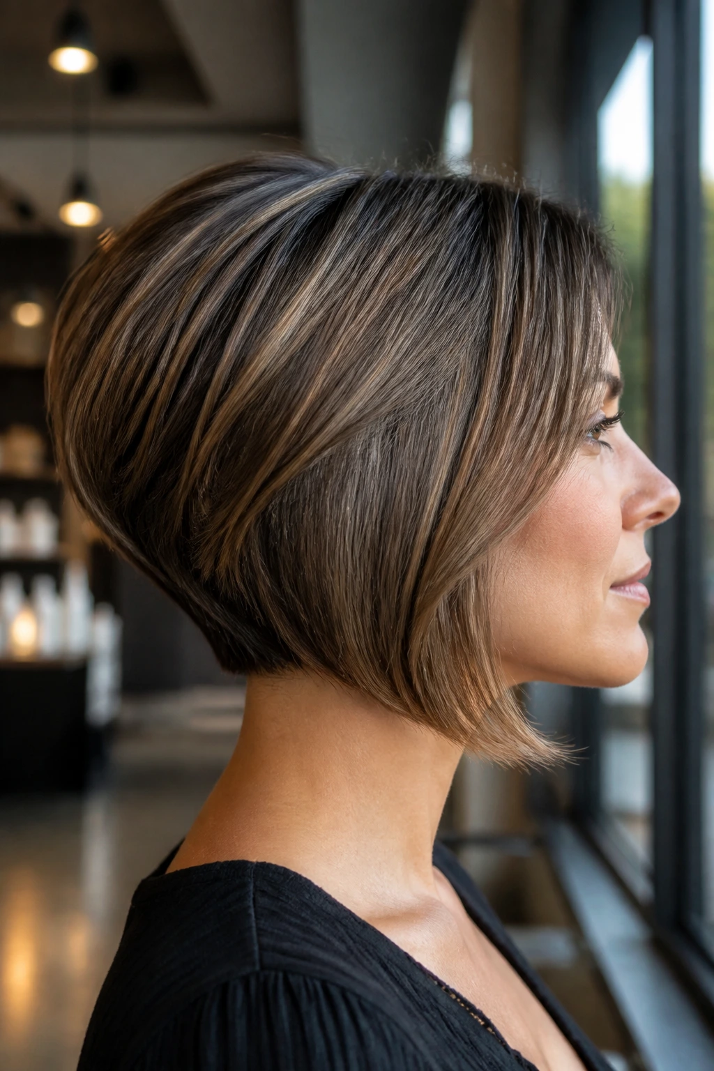 Close-up profile of real woman with stacked graduated bob in a chic salon.