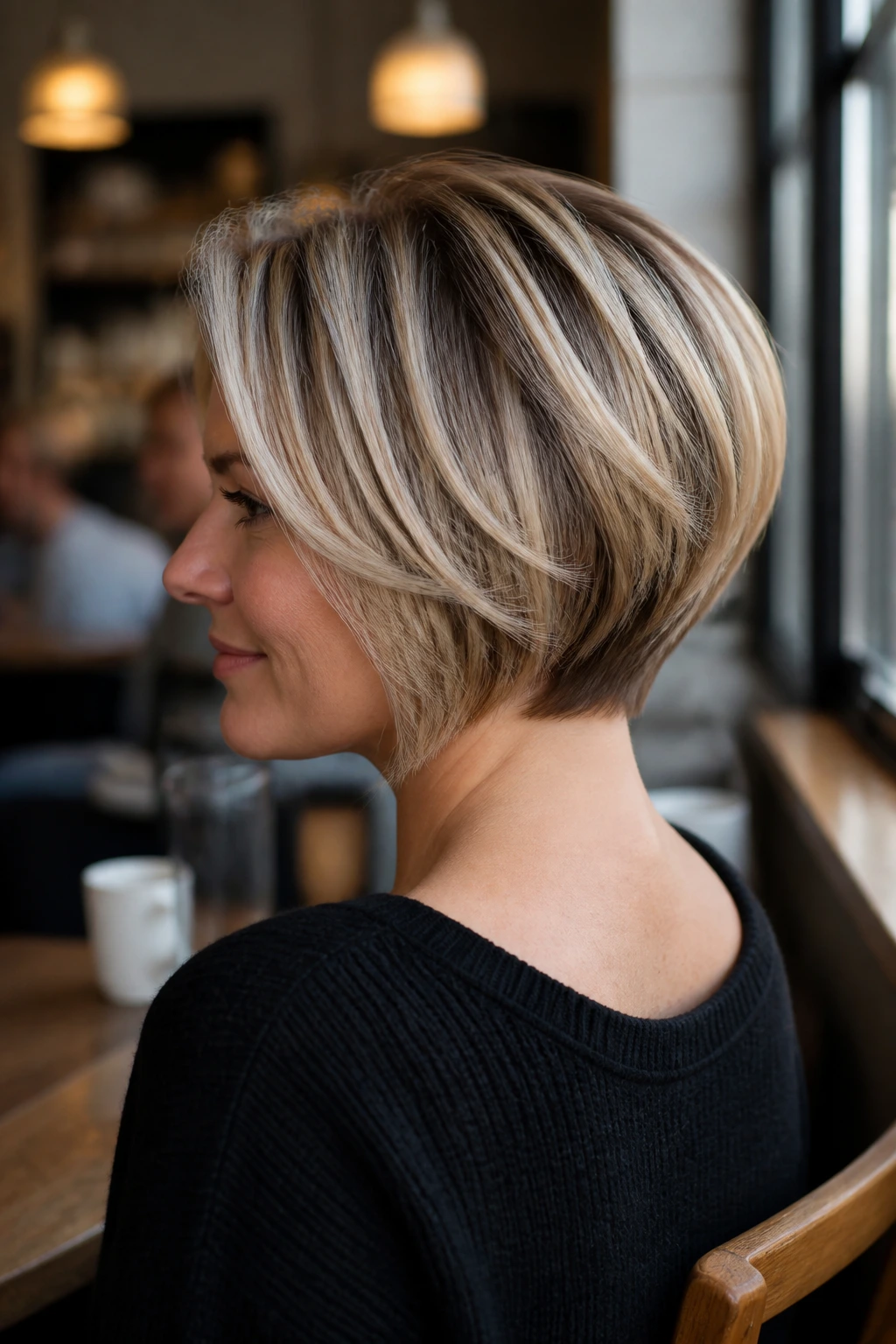 Close-up portrait of a real woman with a stacked graduated bob featuring nape layers and crown volume.