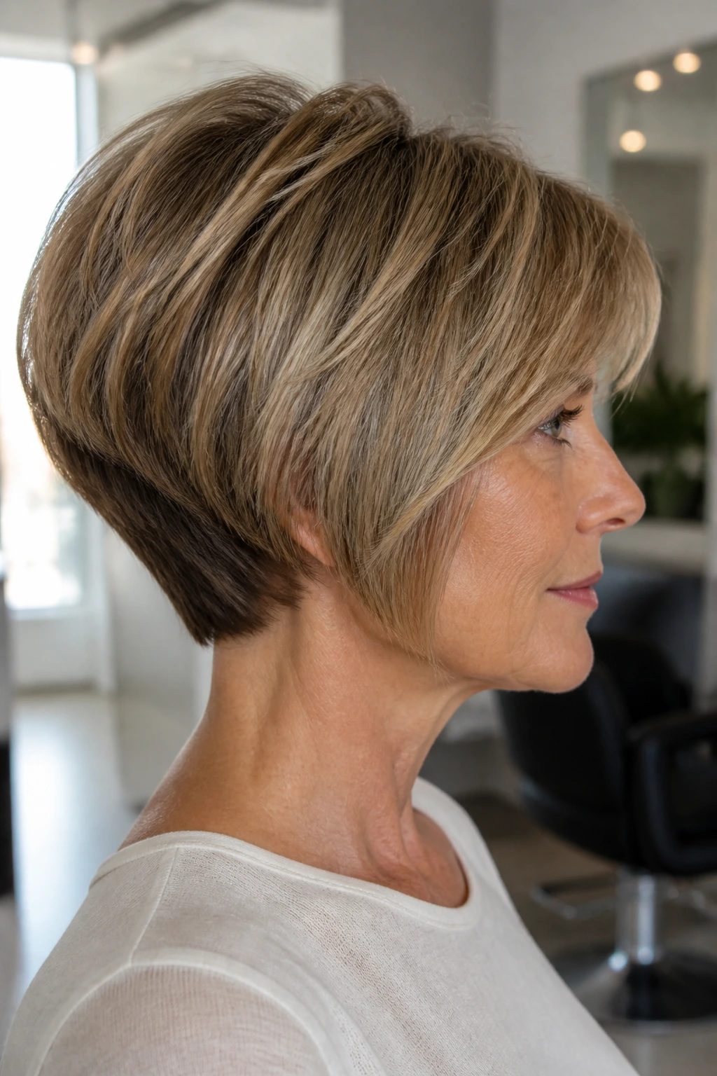 Close-up of a real woman with stacked graduated bob showing back layers for volume
