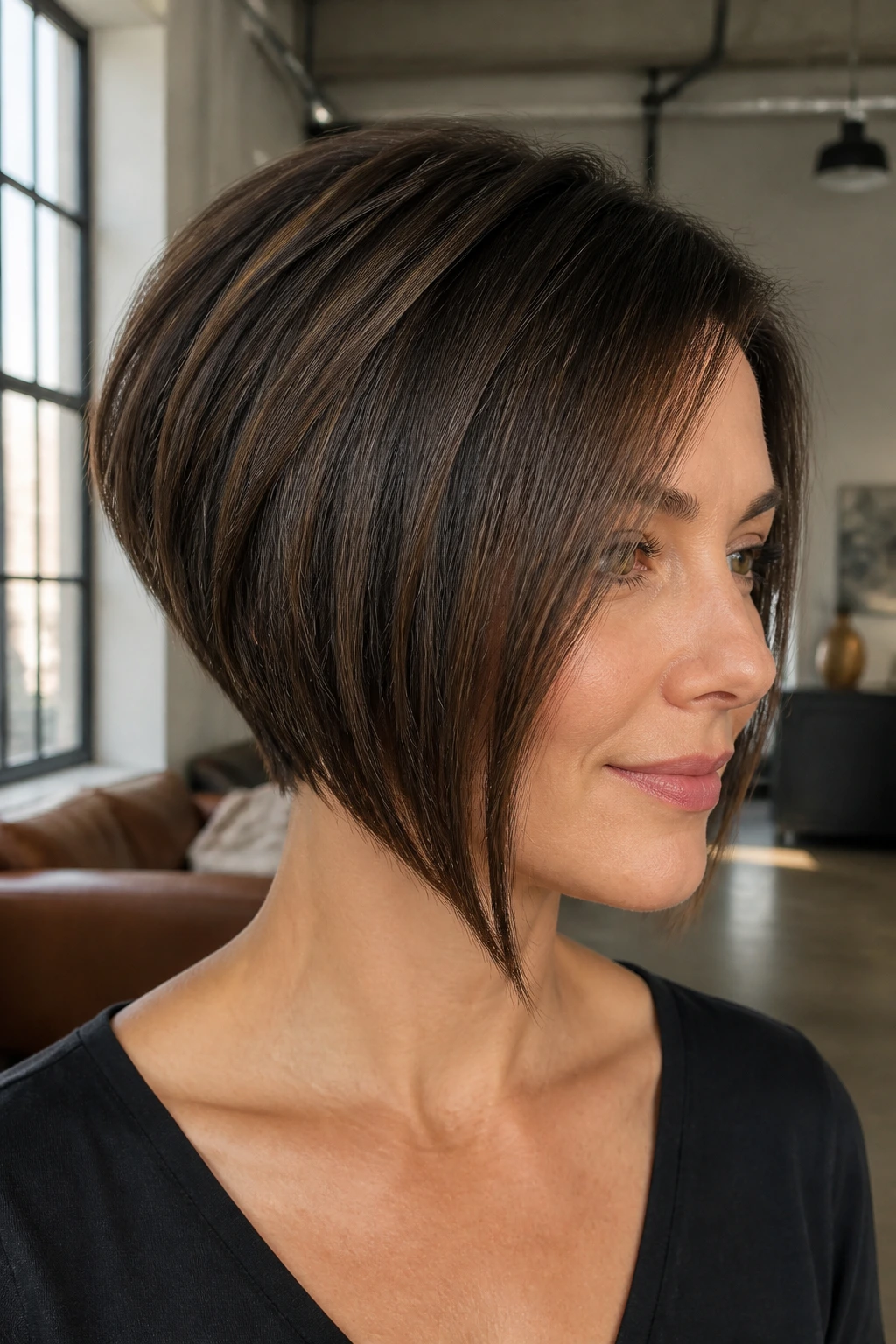 Close-up of a real woman showing a stacked inverted bob with crown volume.