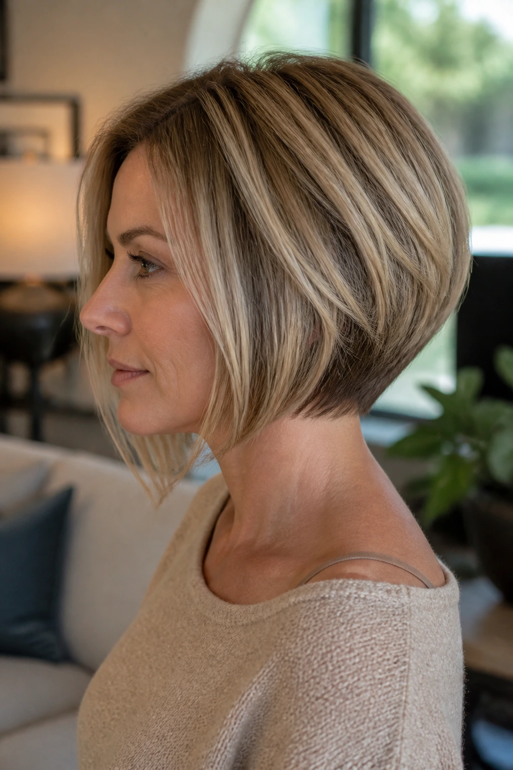 Close-up portrait of a real woman with a classic stacked inverted bob, highlighting nape stacking