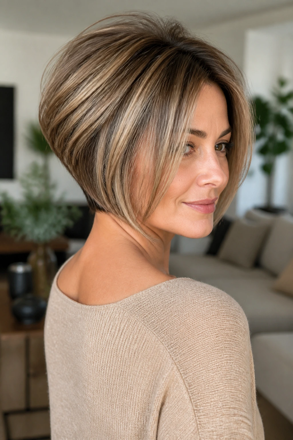 Real woman with stacked inverted bob showing crown volume