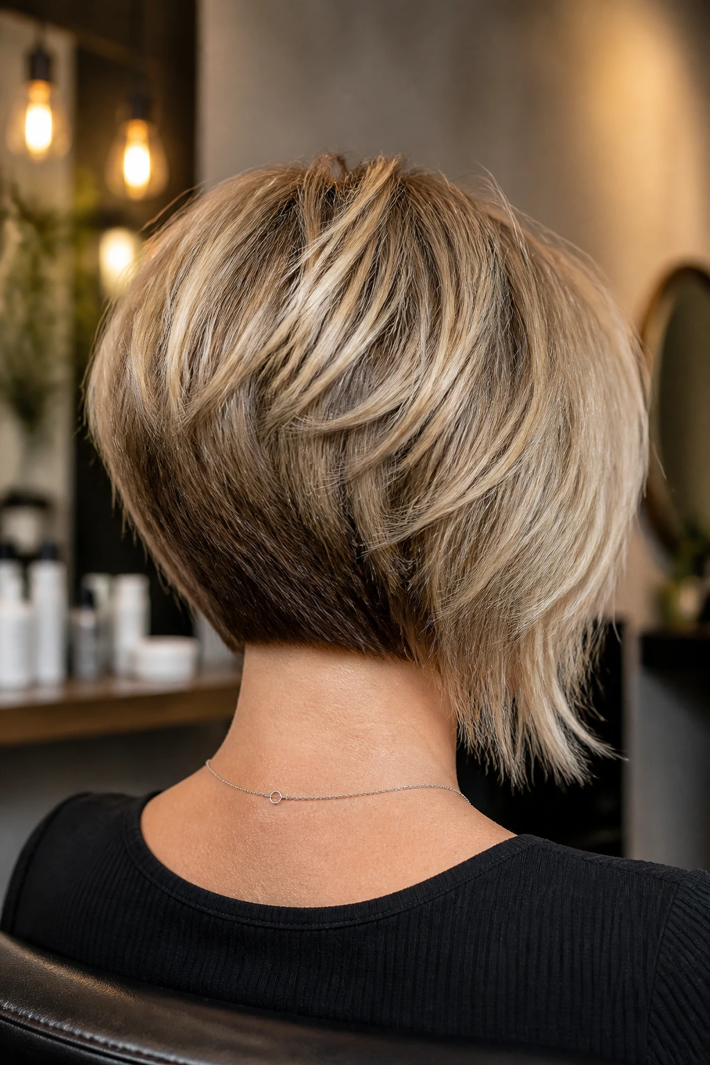 Back view of a real person with a stacked inverted bob, showing stacked back layers
