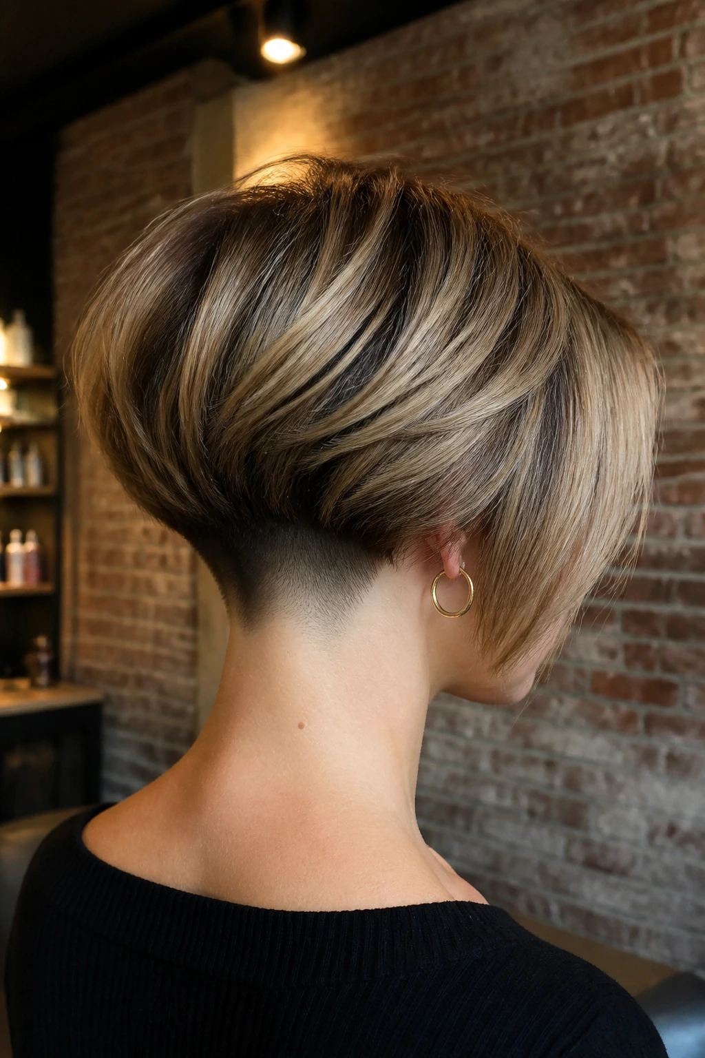 Close-up of a real woman with stacked inverted bob and nape undercut