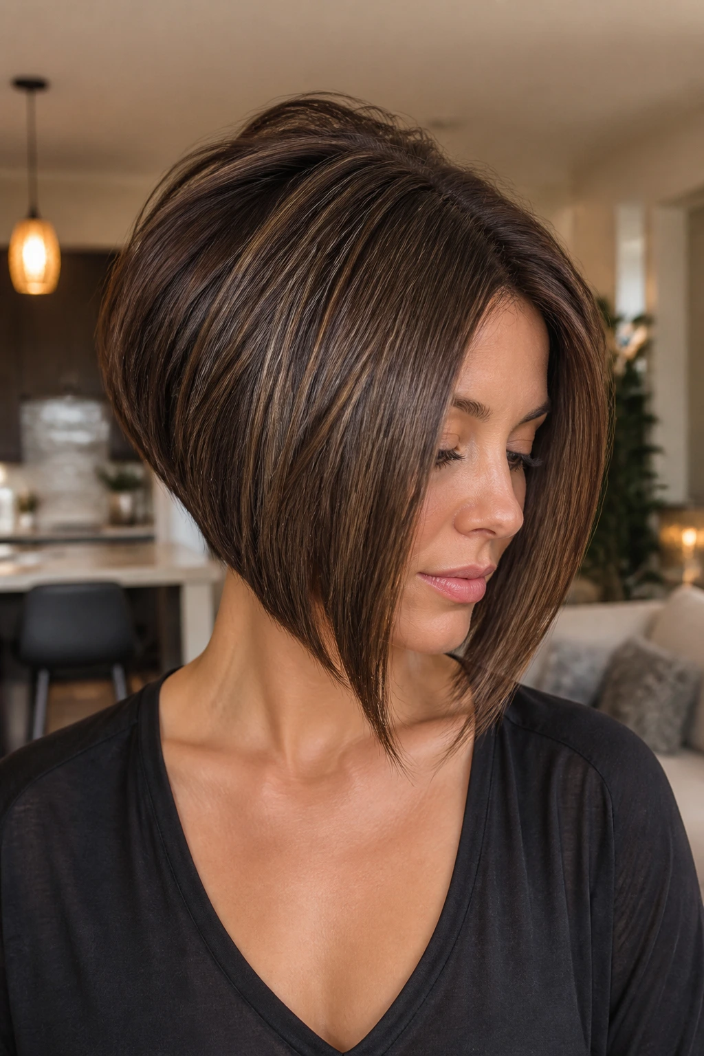 Portrait of a woman with stacked inverted bob and crown volume