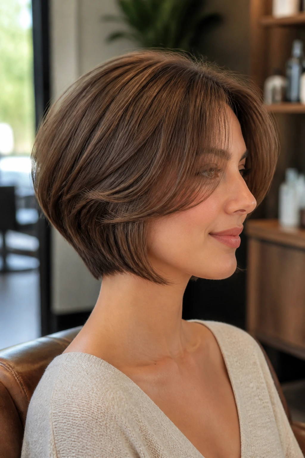 Close-up portrait of a real woman with stacked layered bob and curtain bangs