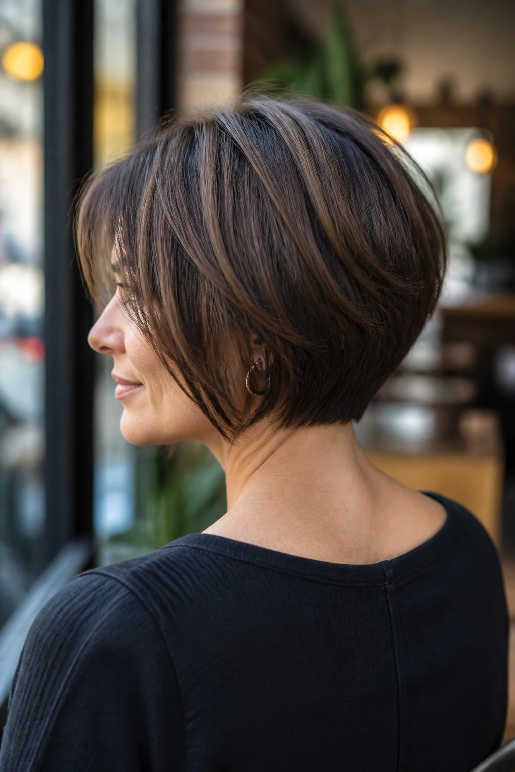 Portrait of a real woman with a stacked layered brunette bob showing back layers and crown lift