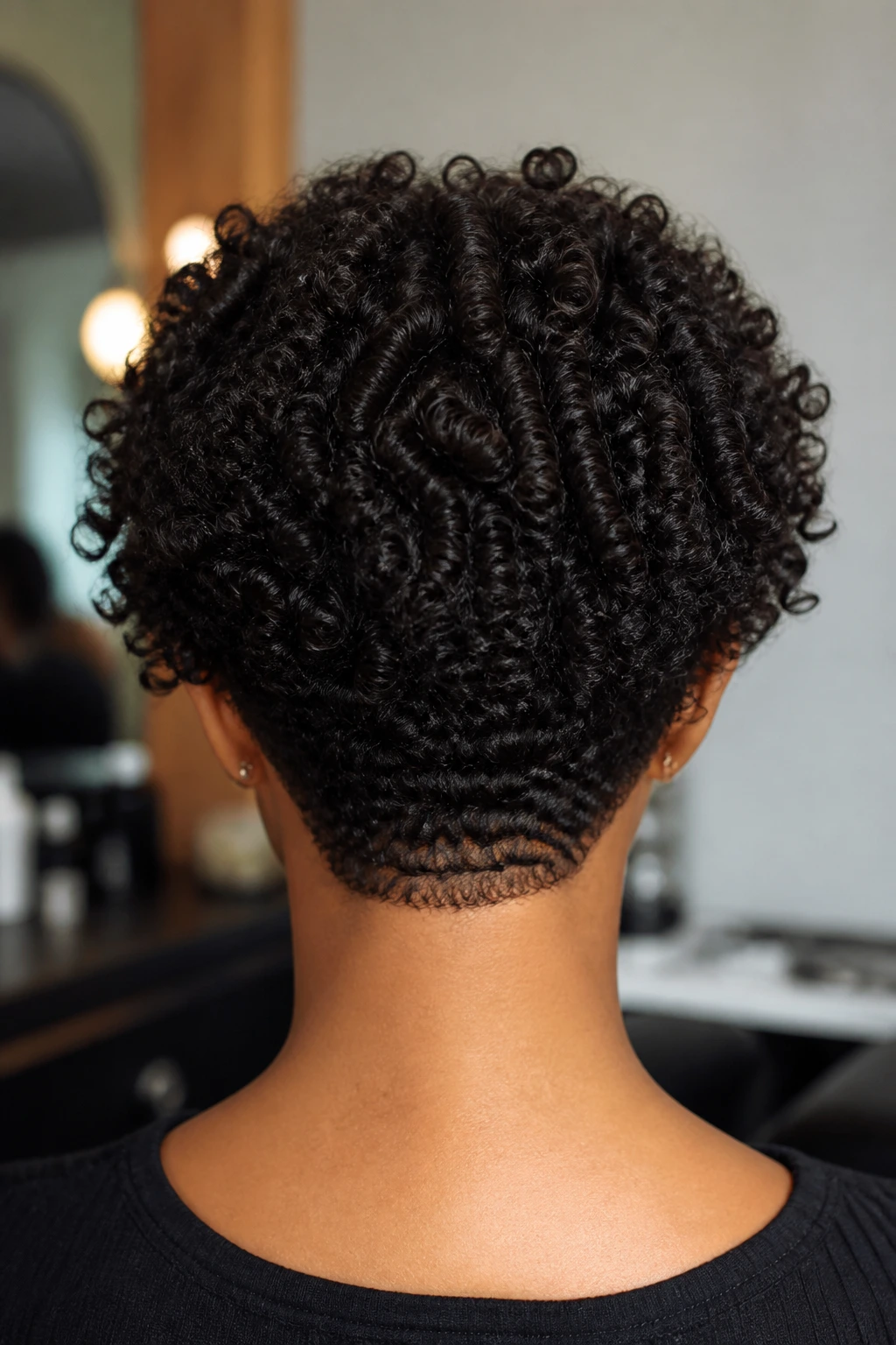 Back of head close-up showing stacked nape coils in a curly inverted bob