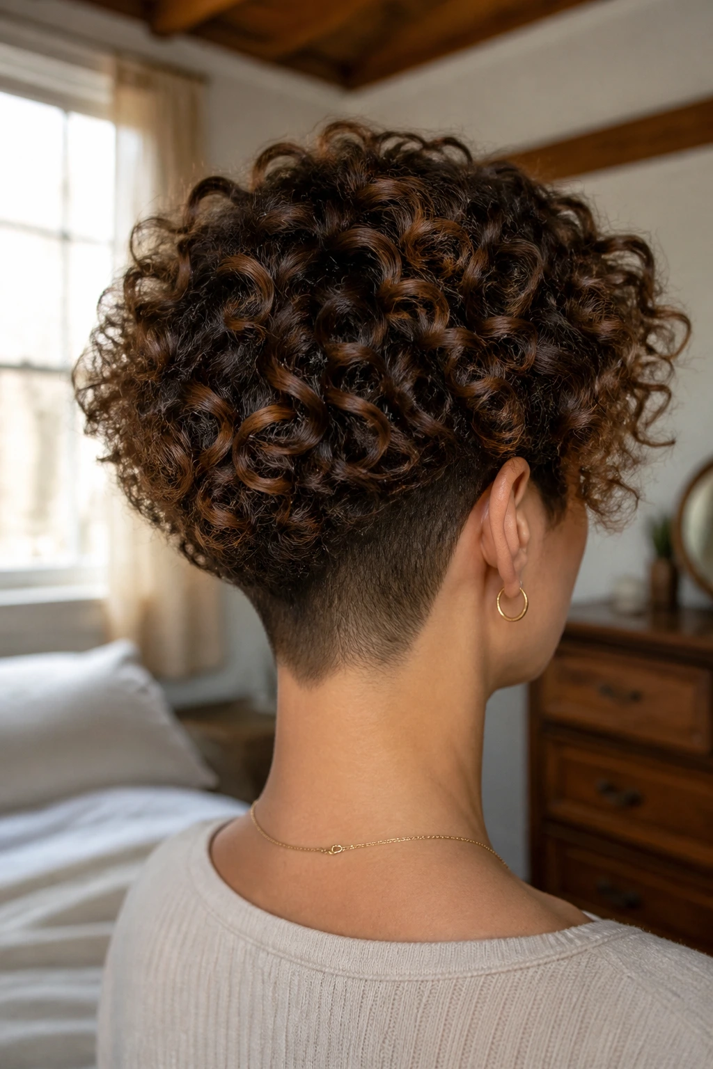 Back-view portrait of a real person showing The Stacked Nape with Defined Ringlets, dense curls stacked at the nape