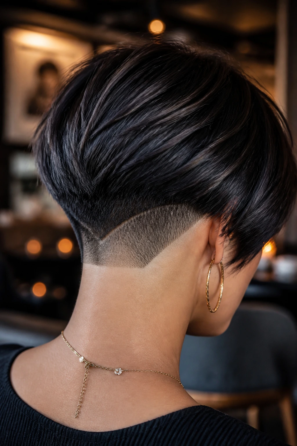 Back view of a real woman with Stacked Undercut Wedge