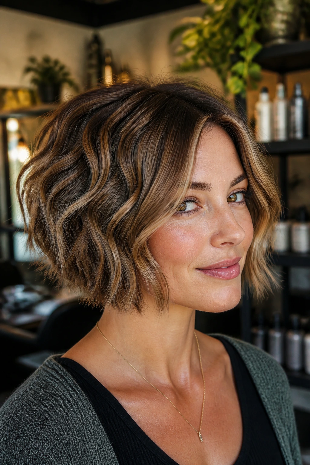 Close-up portrait of a real woman with stacked wavy bob at the nape.