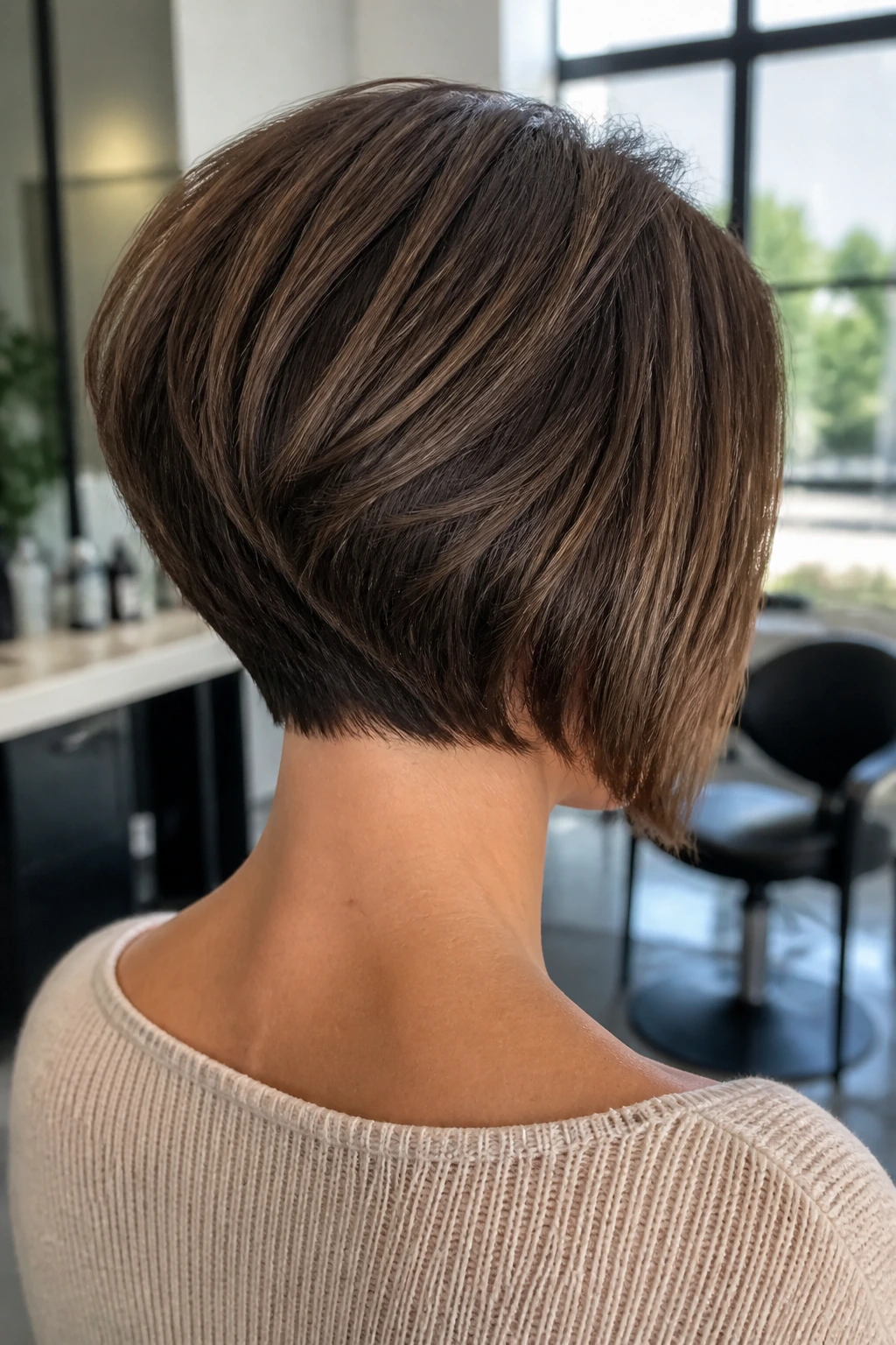 Back view of a woman with stacked wedge bob in a bright salon