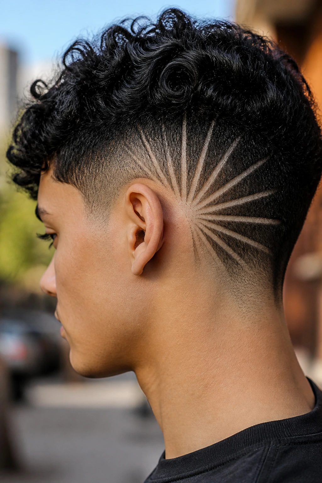 Close-up of real person showing star burst fade behind the ear.