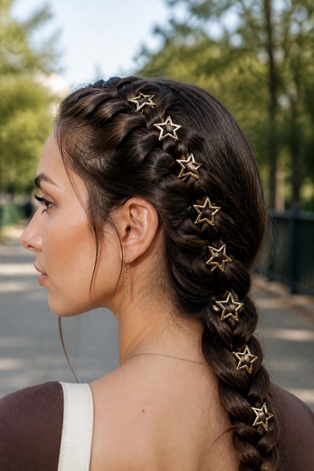 Close-up of a real woman's braid adorned with star-shaped snap clips