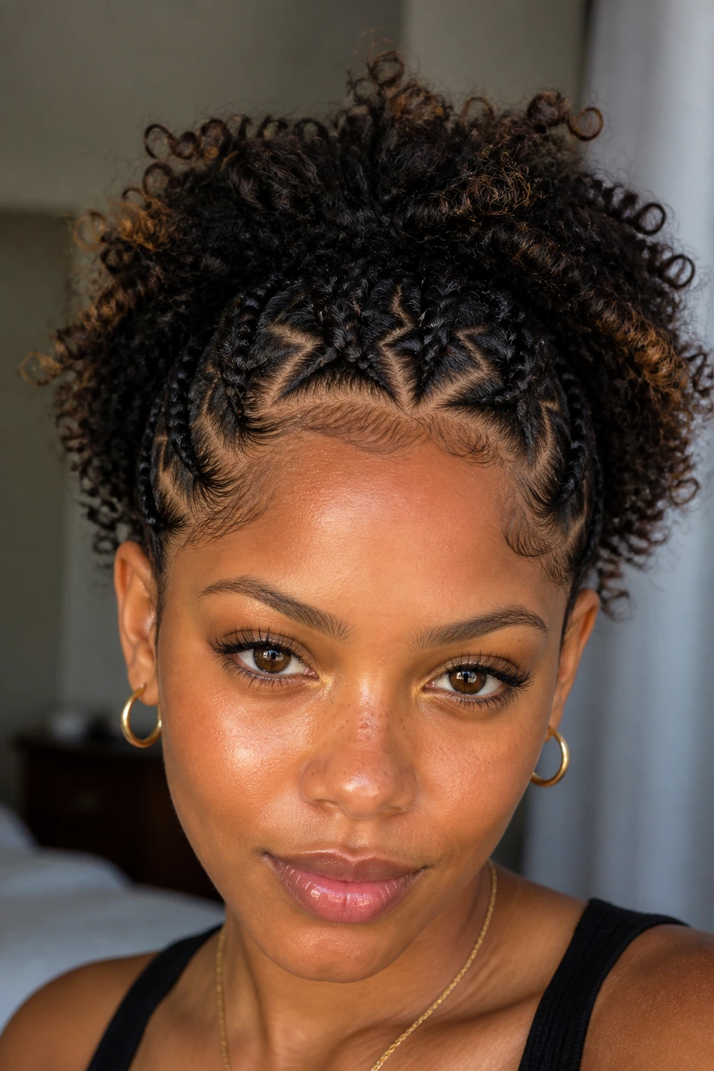 Close-up of star-patterned cornrows along the hairline of a real person