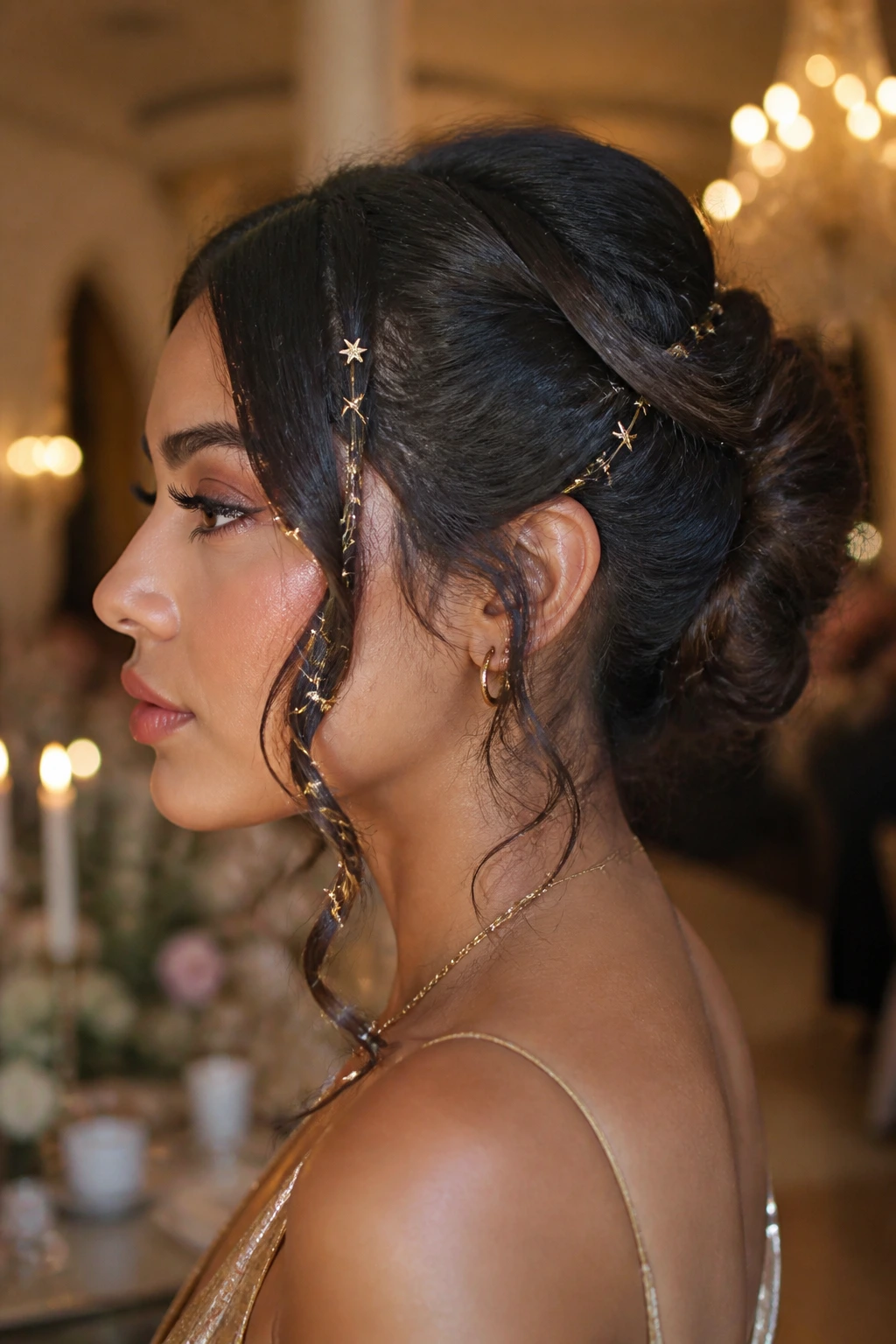 Profile view of a woman with star-dusted gold wire wrapped around front tendrils.