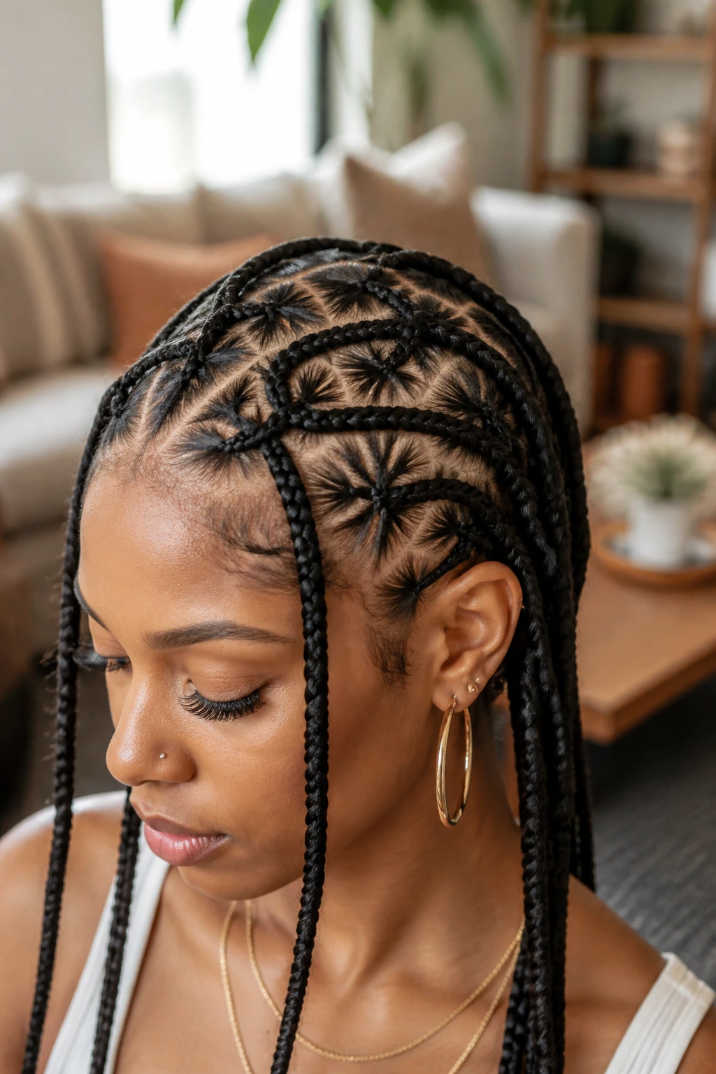 Close-up of a real person with scattered starburst braids across the scalp.