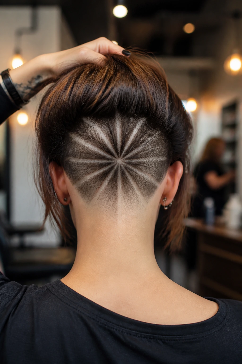 Back of neck view showing starburst pattern in undercut on a real person.