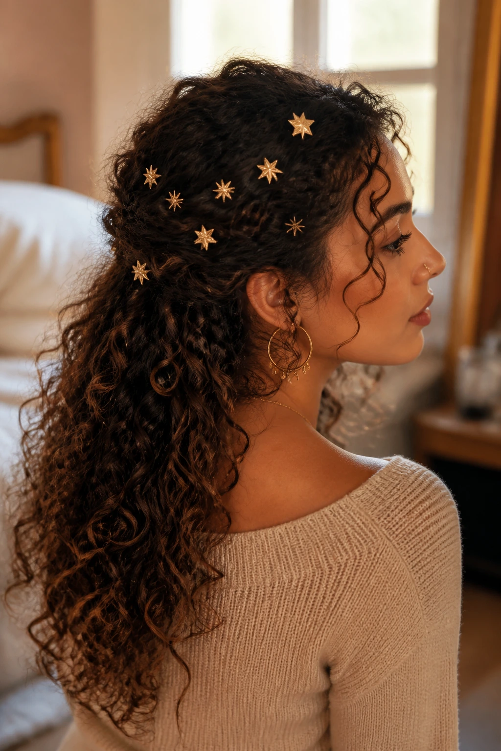 Close-up of a real woman with curly hair wearing gold star clips across the back of her head