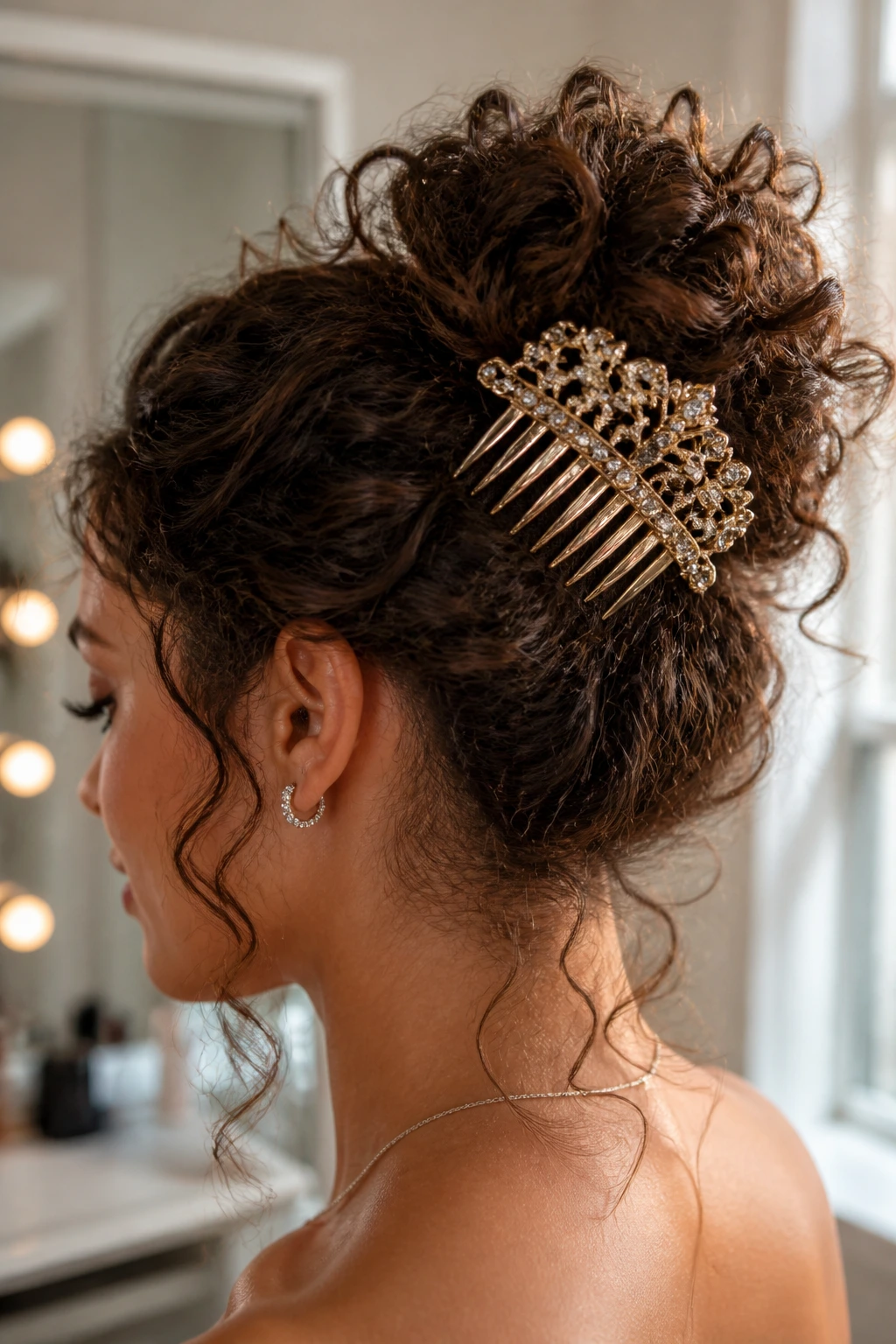Large ornate hair comb nestled in curly bun