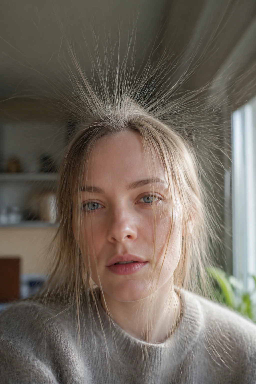 Close-up of a real person with hair standing on end from static electricity.
