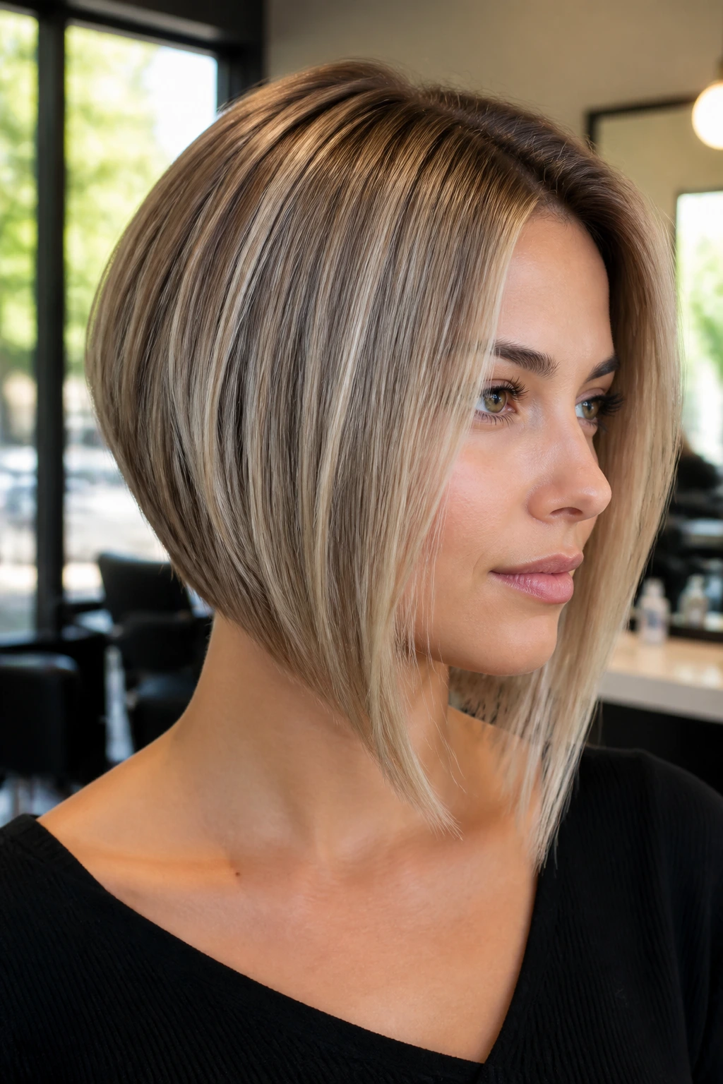 Close-up of a real woman with a steeply angled lob showing a high back and collarbone-length front