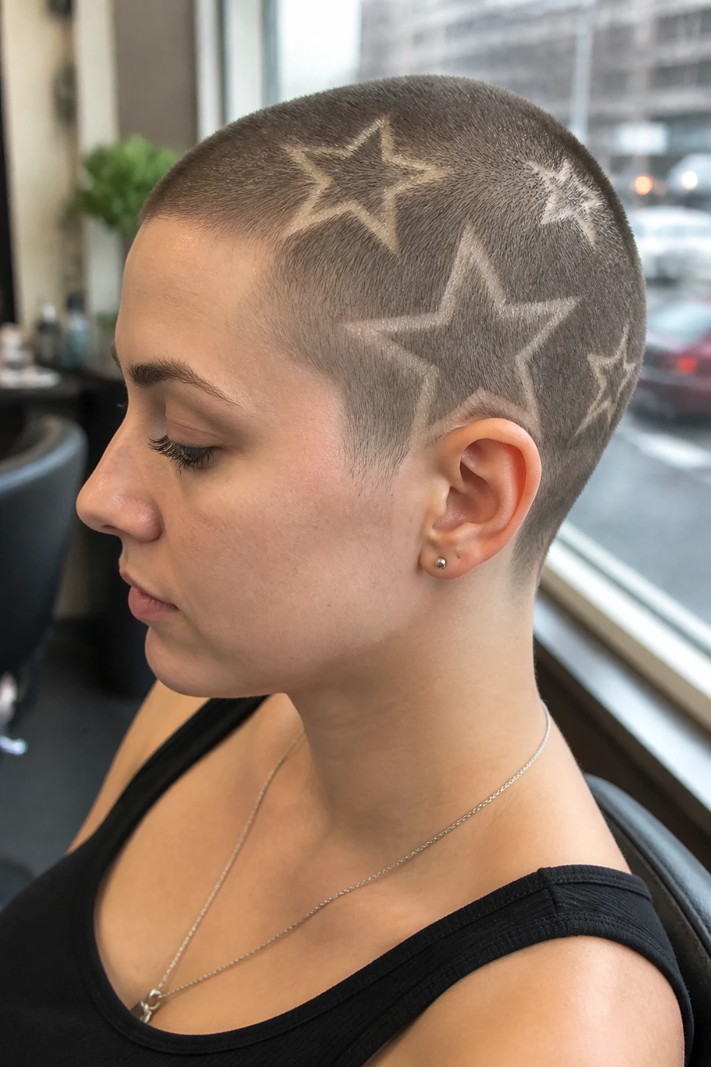 Close-up of real person with star-pattern buzz on scalp