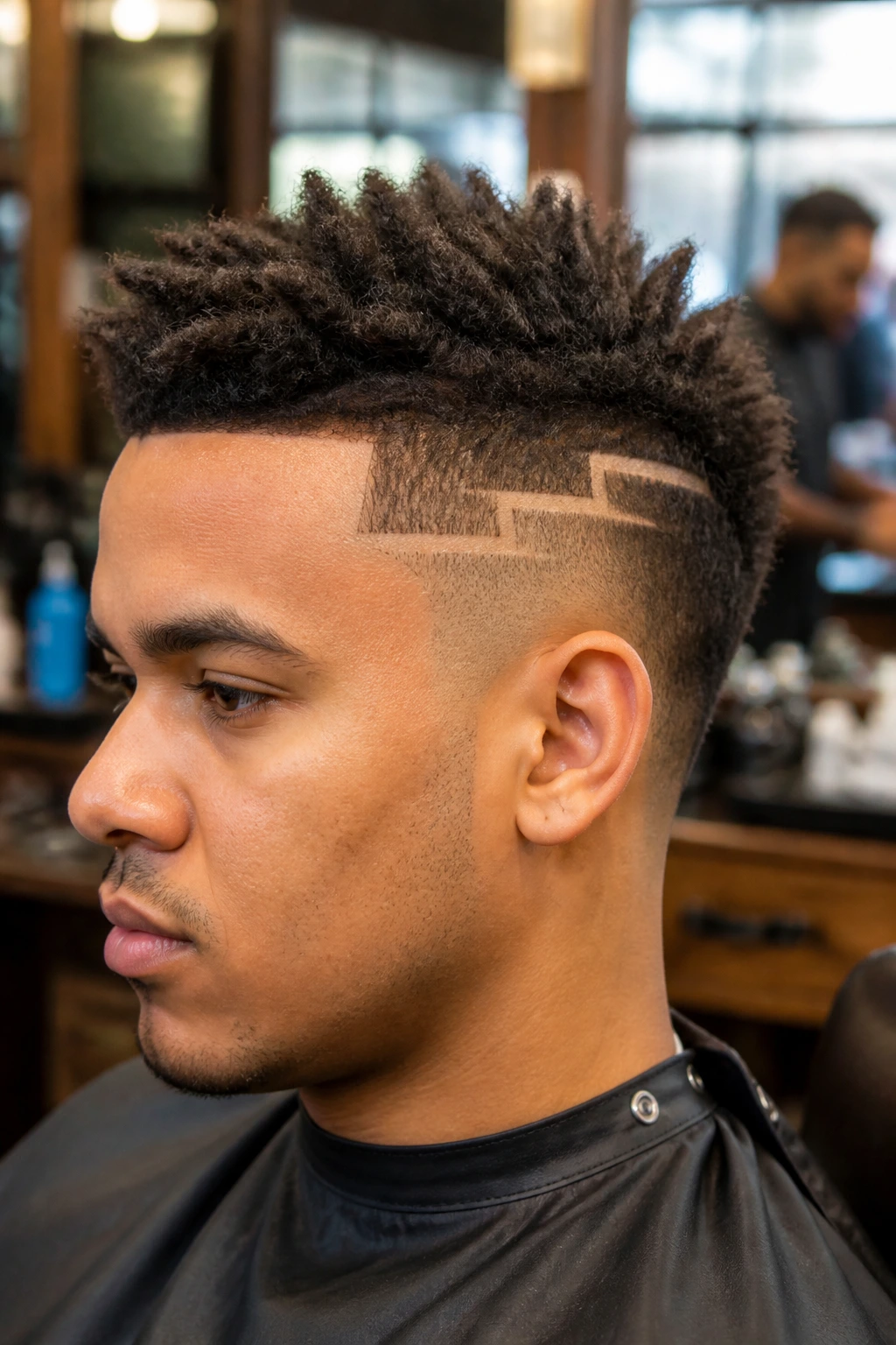 Close-up of stepped fade on the sides of a real person's head in a barbershop