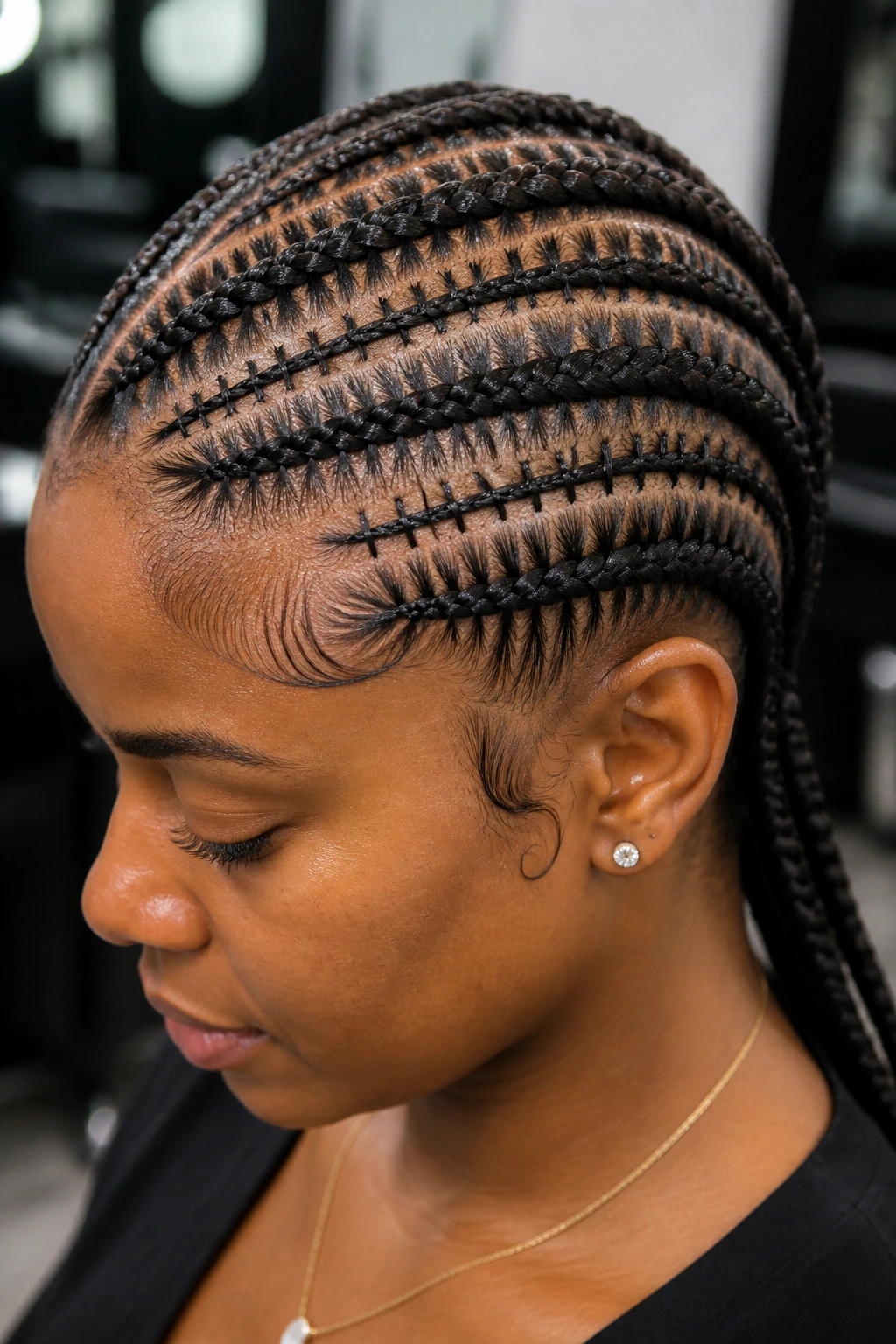 Close-up of a real person with stitch braids forming horizontal stitches