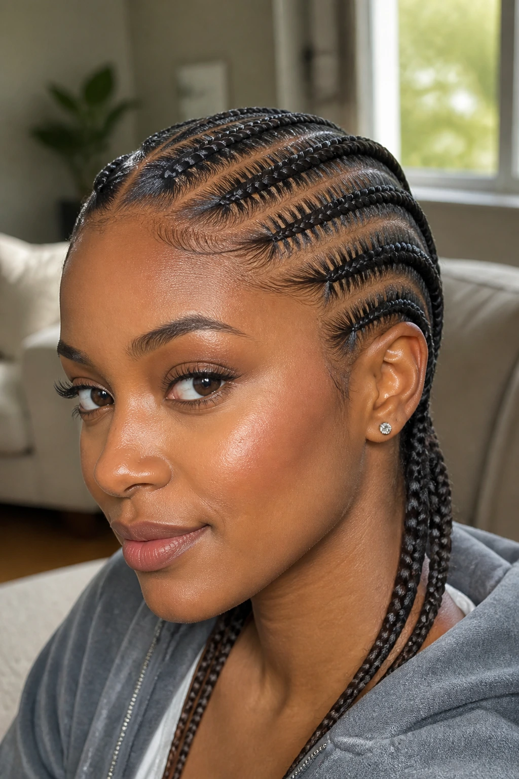 Close-up of a real woman wearing stitch braids with horizontal stitches