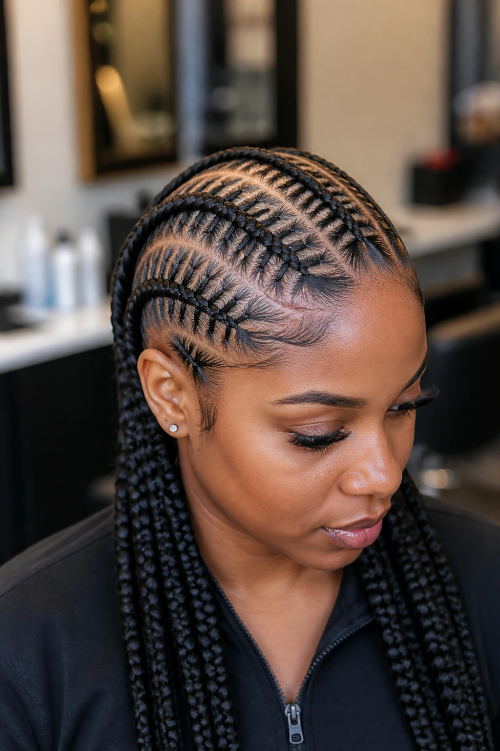 Close-up of stitch braids on a real woman in a salon