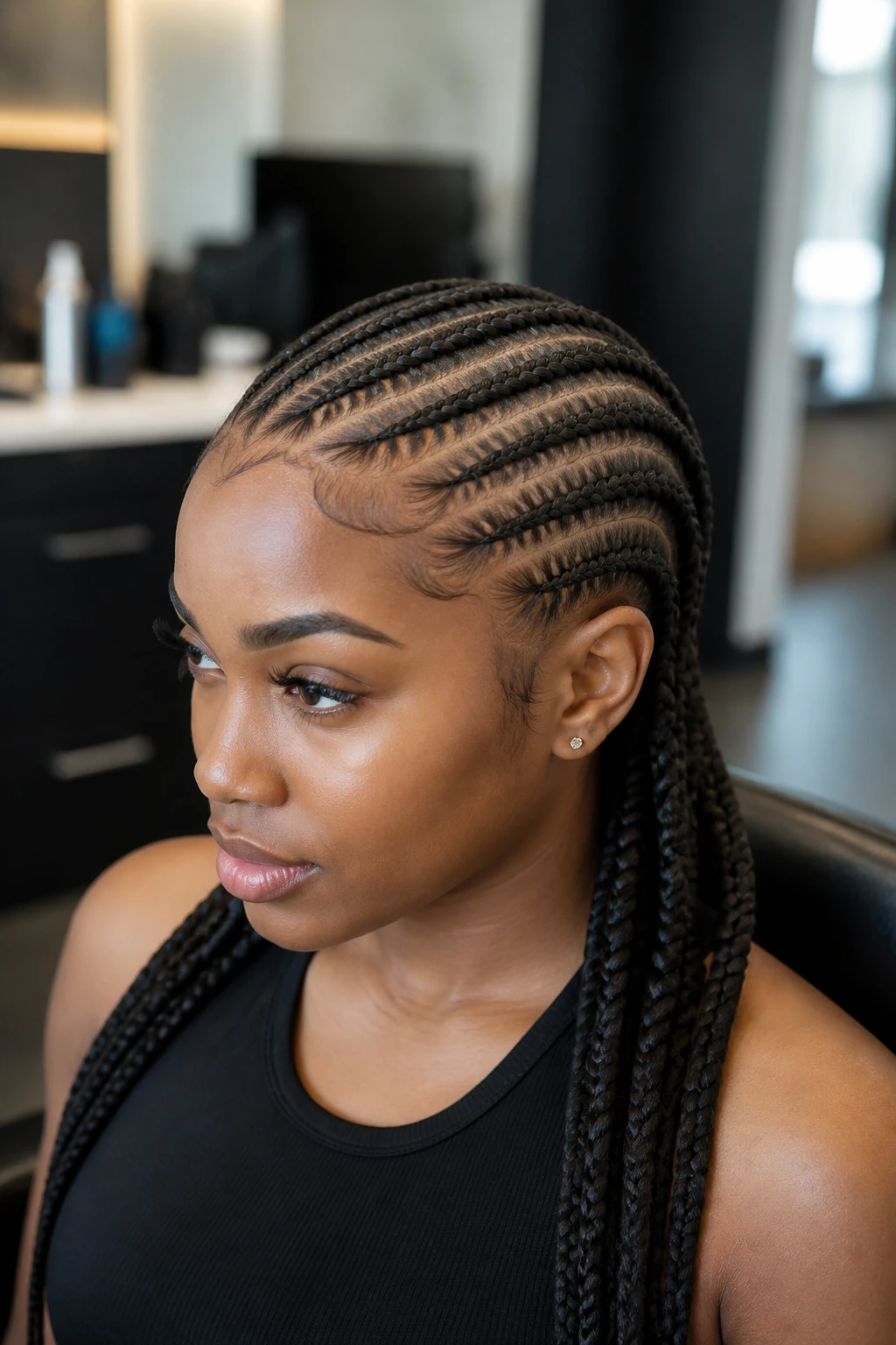 Real woman with stitch braids showing precise horizontal stitches