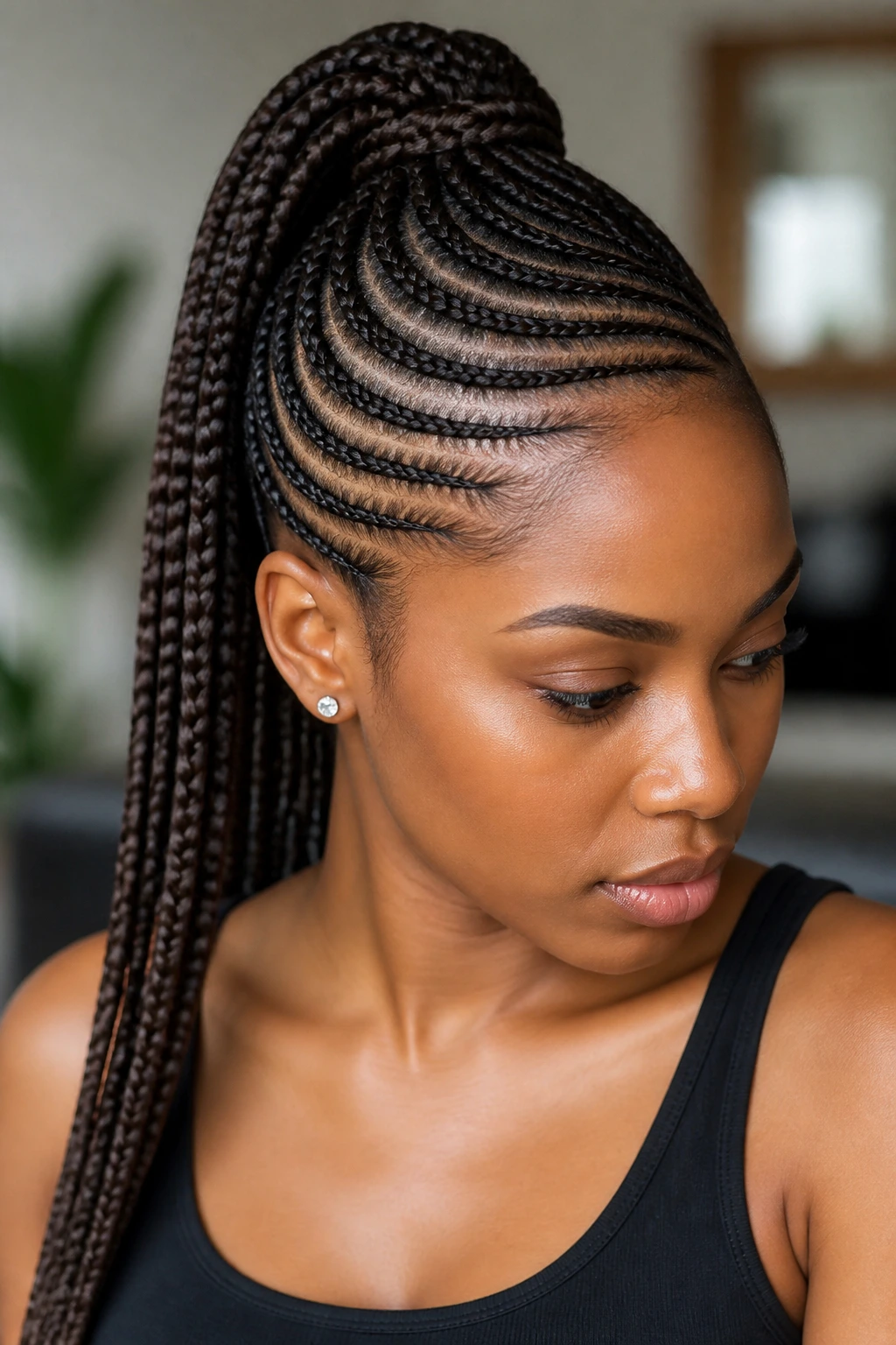Close-up portrait of a real person with stitch braids.
