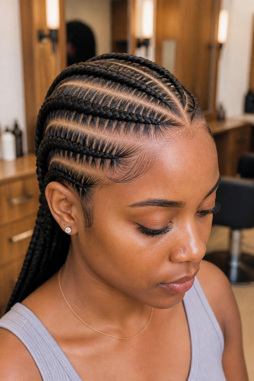 Close-up of a real woman with stitch braids showing precise scalp lines in a modern salon.